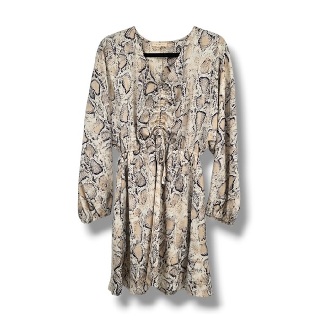 Promesa Womens Snakeskin Print Ruched V-Neck Mini Dress Tan Black Small